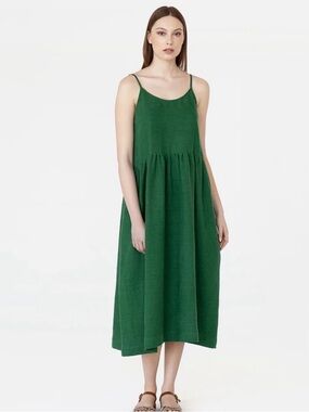 Magic Linen Midi Linen Dress Handmade Spaghetti Straps Venice in Green Size XS